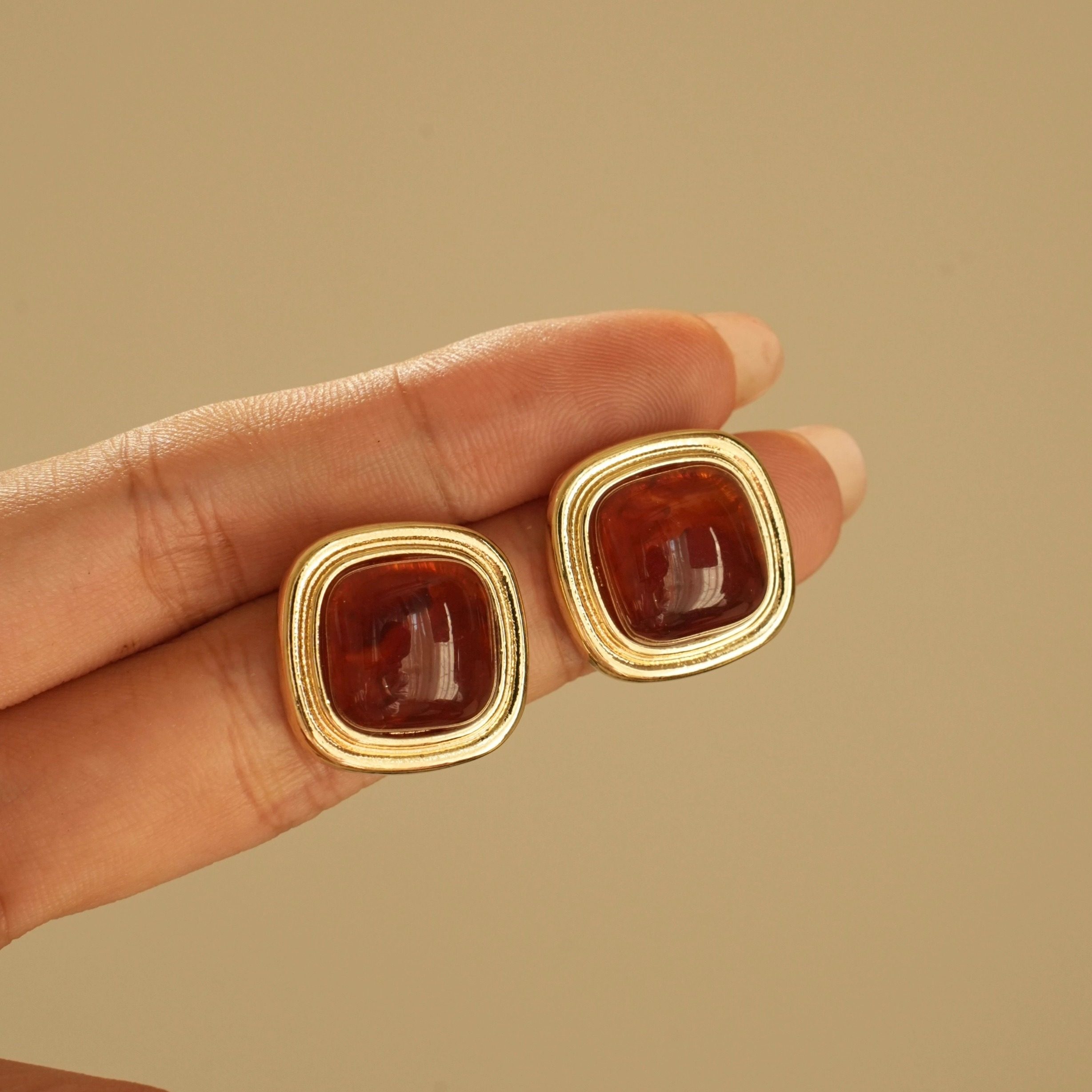 「琥珀方糖」法式复古高级感小众秋冬晕染美拉德棕色方形耳环耳夹,饰品/流行首饰/时尚饰品新,耳环,淘宝优惠券,粉丝福利购,淘宝优惠卷