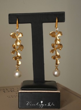 「赫尔墨斯」vintage复古法式文艺鎏金高级小众花朵珍珠耳环/耳夹