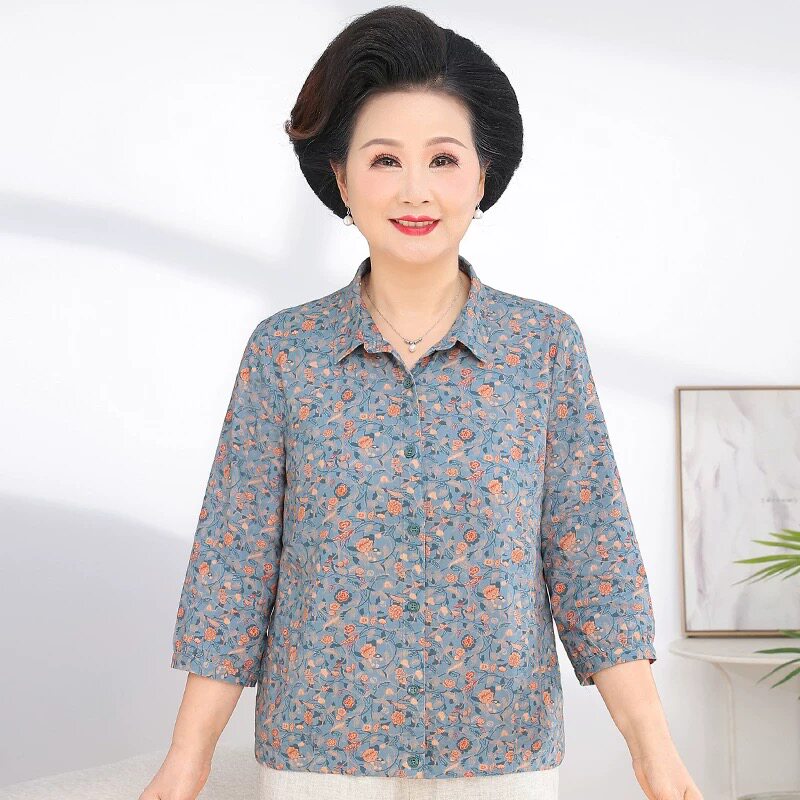 忆恒妈妈中袖夏季新款棉布碎花上衣中老年女奶奶开衫翻领印花衬衫