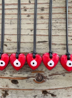 红色心形玻璃挂件邪恶之眼项链土耳其眼睛吊坠黑色蜡线吊饰跨境货