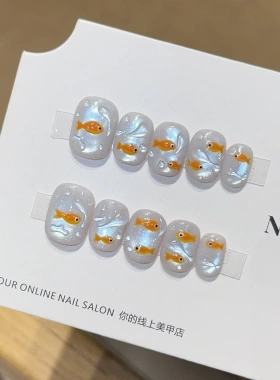 千繁【小鱼儿】夏日手绘锦鲤猫眼精品纯手工穿戴甲美甲贴片假指甲
