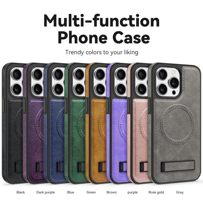 适用苹果15皮纹磁吸支架贴皮手机壳适用于iPhone14pro苹果保护套