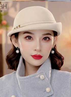布塔纯羊毛呢帽子女秋冬时尚百搭定型贝雷帽复古礼帽优雅卷边盆帽