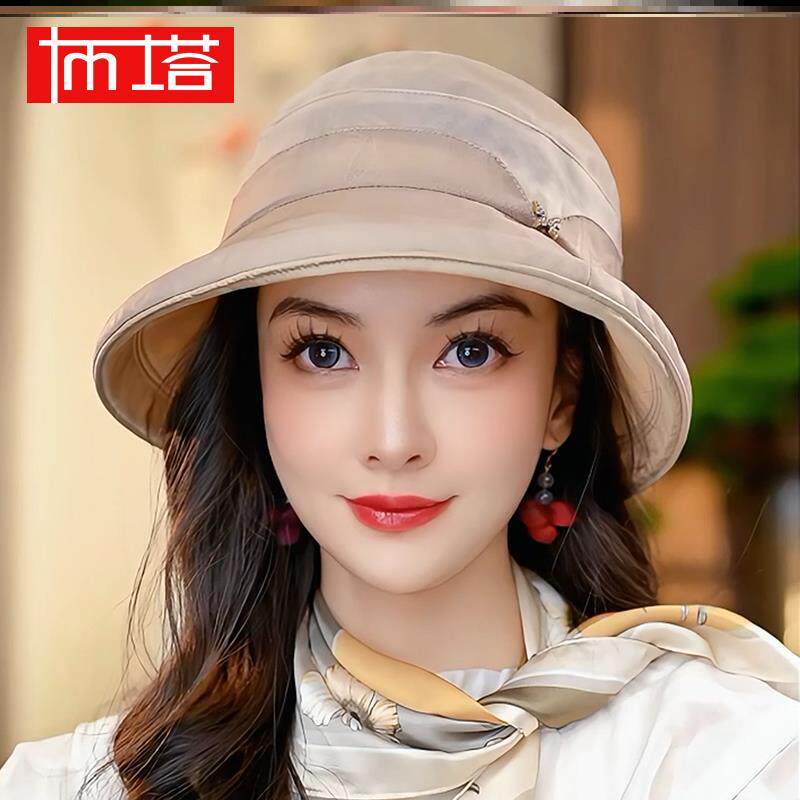 布塔真丝遮阳帽女士防晒渔夫帽轻薄透气桑蚕丝防紫外线香云纱花萝