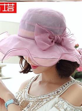 布塔蝴蝶结帽子女真丝遮阳帽夏季防紫外线可折叠防晒出游沙滩凉帽