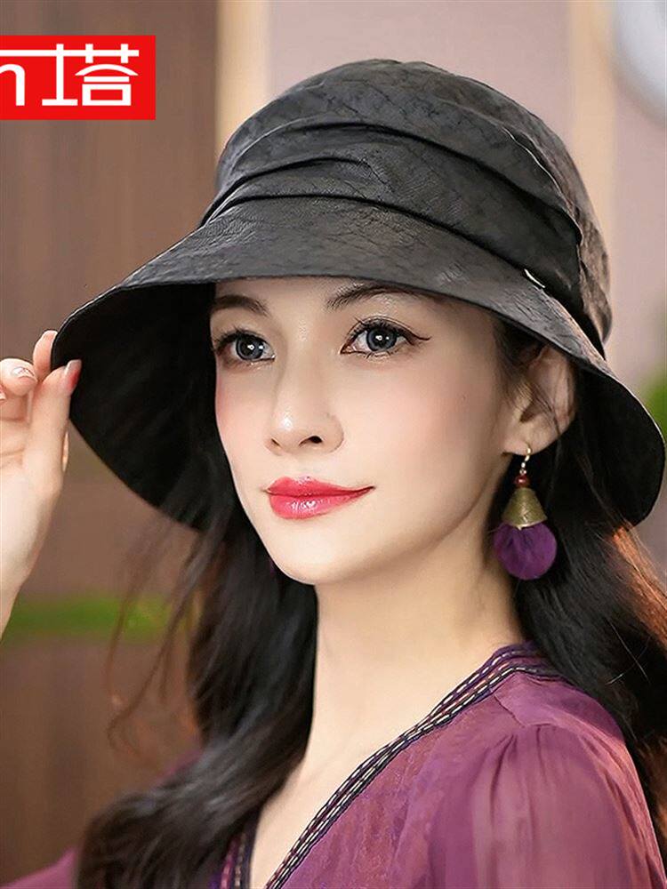 布塔香云纱帽子女夏季渔夫帽子蝴蝶结防晒帽防紫外线遮阳帽太阳帽