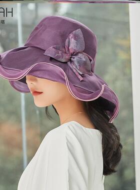 布塔夏季帽子女真丝遮阳帽女士优雅大檐防紫外线时尚沙滩帽妈妈帽