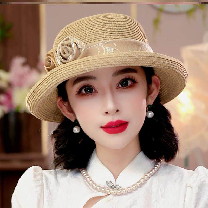 布塔法式复古赫本礼帽女太阳帽夏帽花朵网纱草帽遮阳帽大檐防晒帽