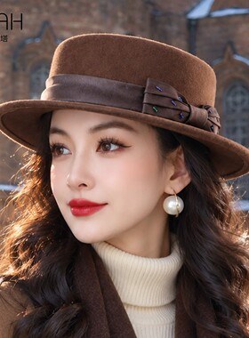 布塔秋冬英伦风纯羊毛呢帽女士蝴蝶结装饰小礼帽高级感帽子定型帽