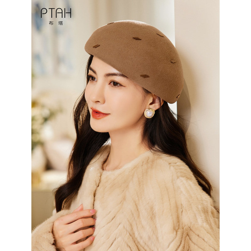 布塔秋冬贝雷帽女士帽纯羊毛时尚优雅红色毡帽洋气定型帽毛呢帽