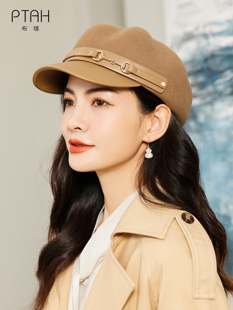 布塔贝雷帽女新款日系画家帽韩版八角帽简约鸭舌PU皮帽秋冬季帽子