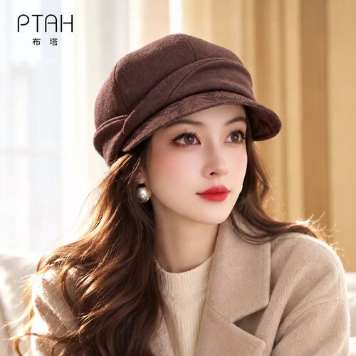 布塔复古帽子百搭羊毛呢贝雷帽女秋冬保暖优雅护耳帽女士鸭舌帽