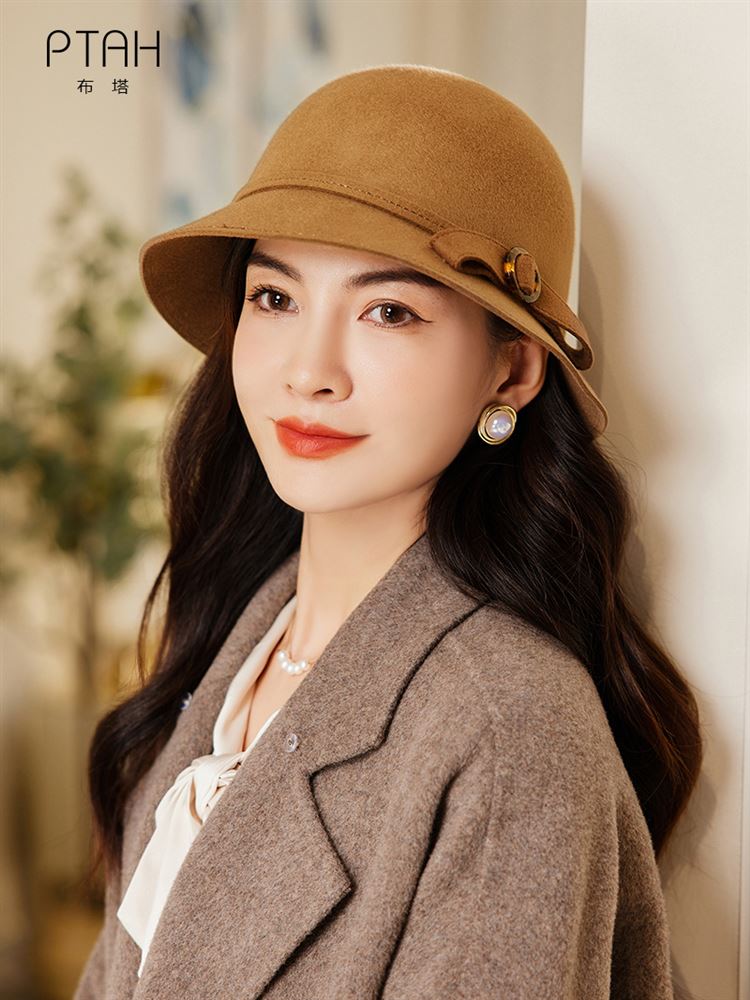 布塔秋冬帽子女礼帽纯羊毛呢帽优雅复古圆顶定型帽红色贝雷帽宽檐