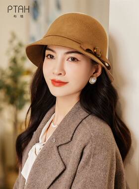 布塔秋冬帽子女礼帽纯羊毛呢帽优雅复古圆顶定型帽红色贝雷帽宽檐