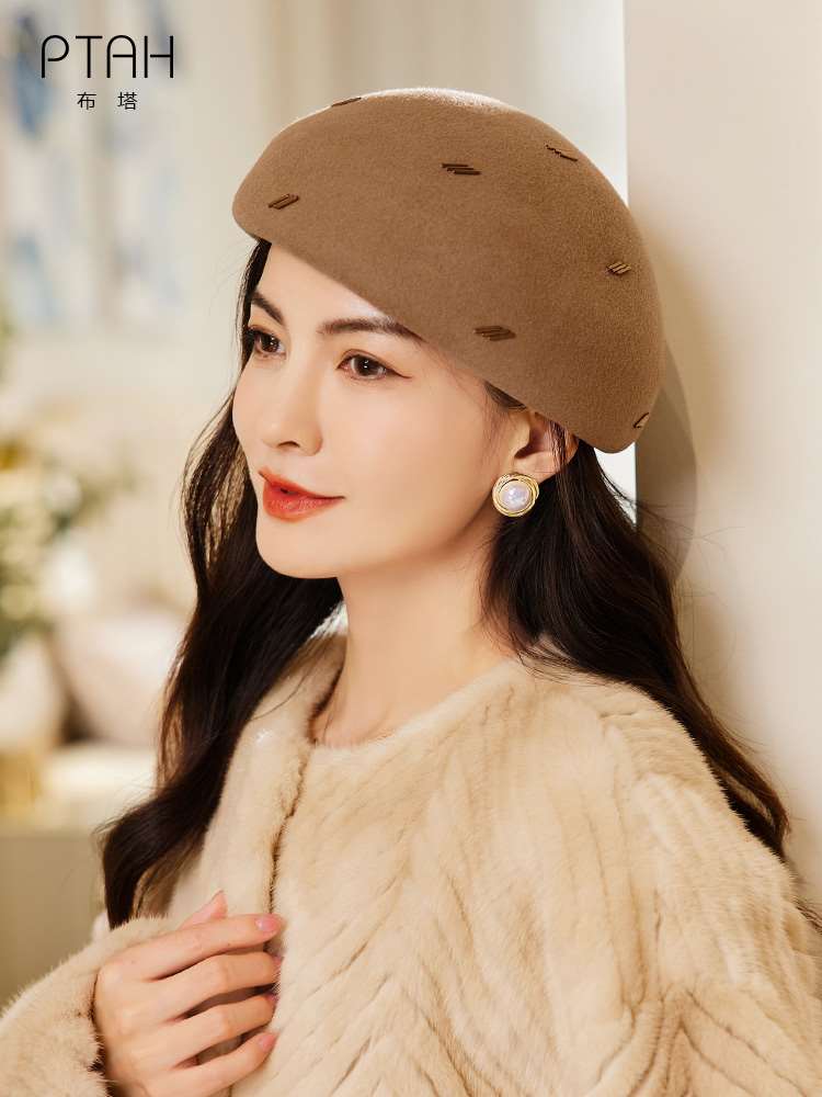 布塔酒红色贝雷帽女士秋冬帽子纯羊毛时尚优雅毡帽定型帽毛呢帽潮