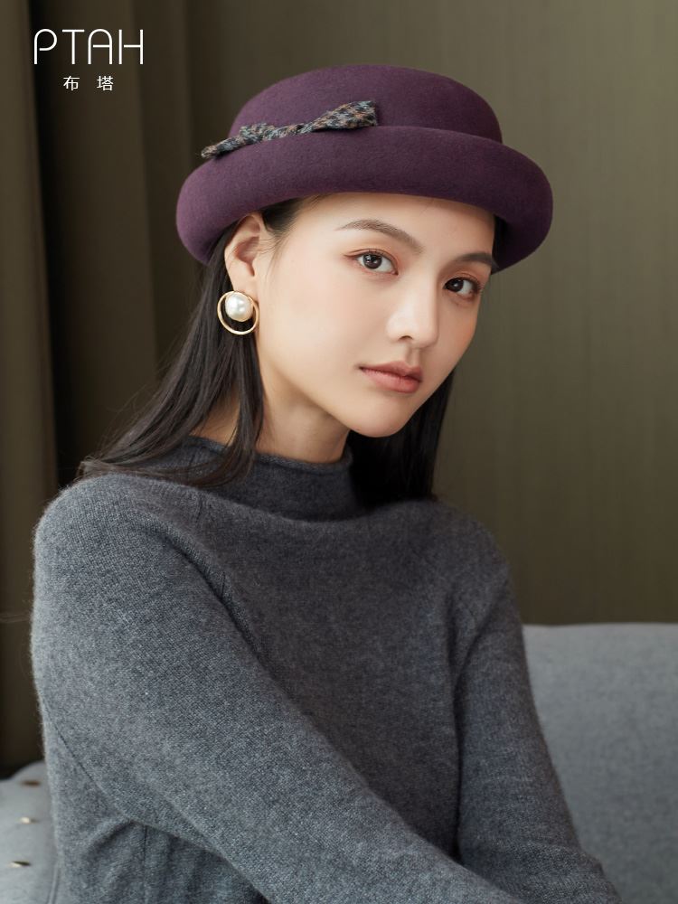 布塔秋冬帽子女平顶帽英伦毛呢帽时尚礼帽休闲卷边短檐纯羊毛毡帽