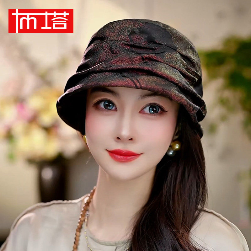 布塔春夏遮阳帽百搭褶皱渔夫帽女士真丝帽金皮桑蚕丝织金工艺帽子