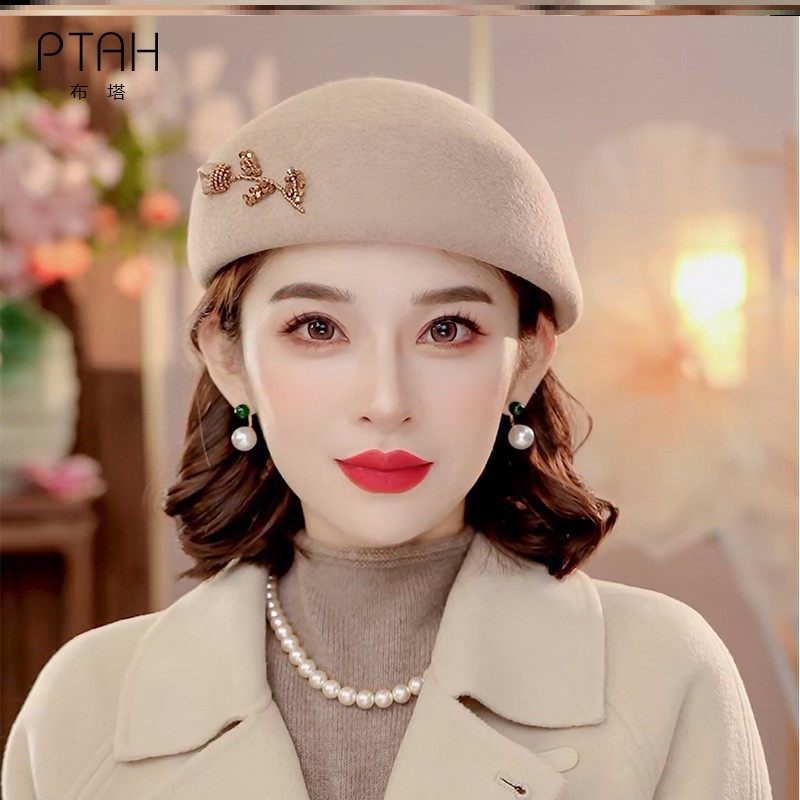 布塔秋冬季洋气纯羊毛贝雷帽女士时尚百搭复古画家南瓜八角帽子