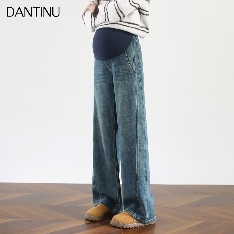 孕妇牛仔裤春秋外穿大码冬季加绒加厚孕期不勒肚子直筒拖地阔腿裤