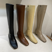 小池在首尔2023东大门秋季 小方头中跟侧拉链长靴简约复古粗跟女靴