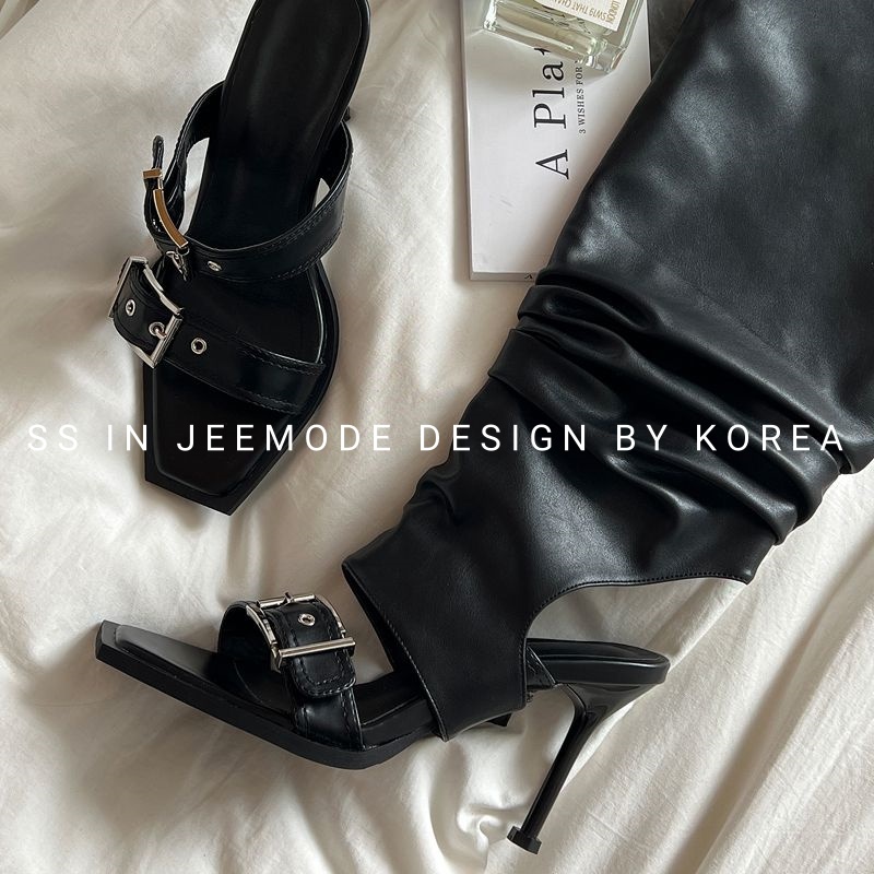 小池在首尔东大门夏季新款皮带扣高跟辣妹露趾凉靴两穿细跟凉拖女