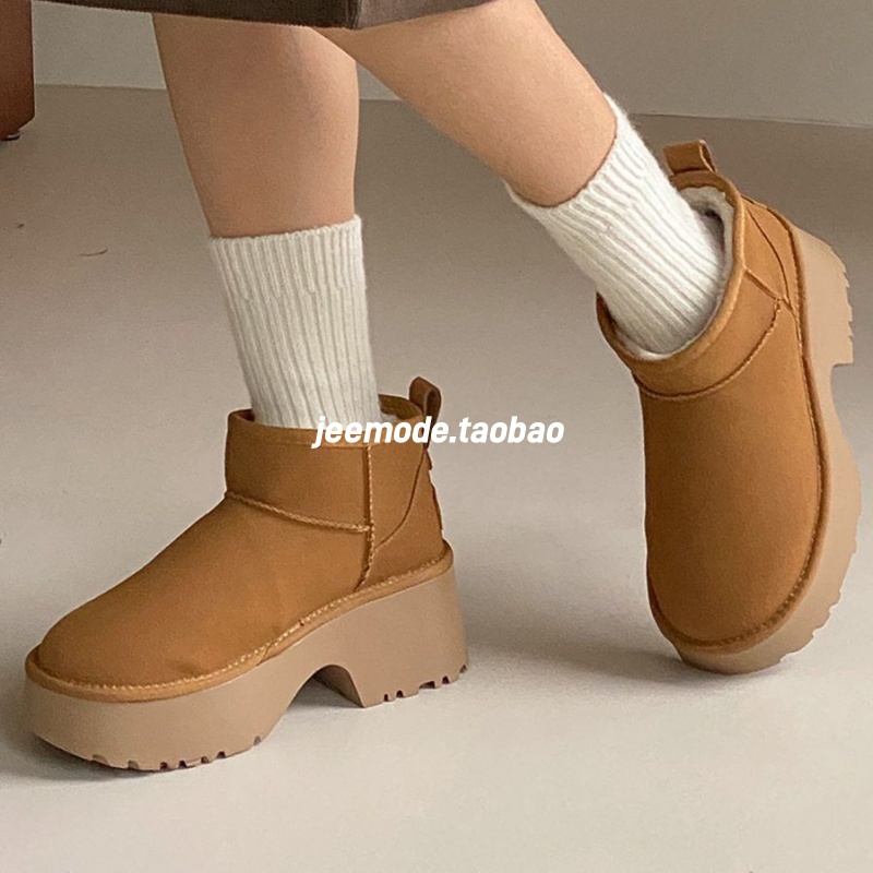 小池在首尔2024年冬季新款保暖厚底粗跟低帮套筒雪地靴东北棉鞋女