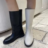 靴子女2025新款 休闲风中筒靴 小池在首尔圆头平底拼接纯色套筒秋季