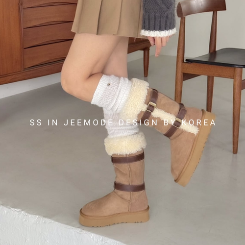 厚底皮带扣翻边加绒保暖雪地靴女