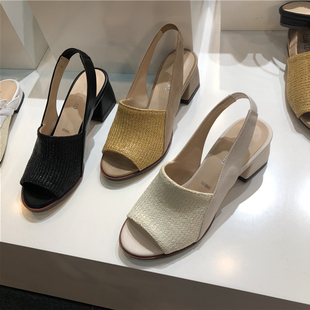女潮 鱼嘴圆头一字型套脚无后帮中跟凉鞋 韩国东大门23年春夏季 新款