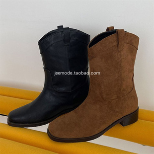 小池在首尔24秋冬新款 欧美街头圆头低跟套筒纯色车缝线骑士靴女