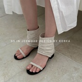 韩系小众设计感凉靴褶皱布面一字带凉鞋 小池在首尔25年夏季 新款 女