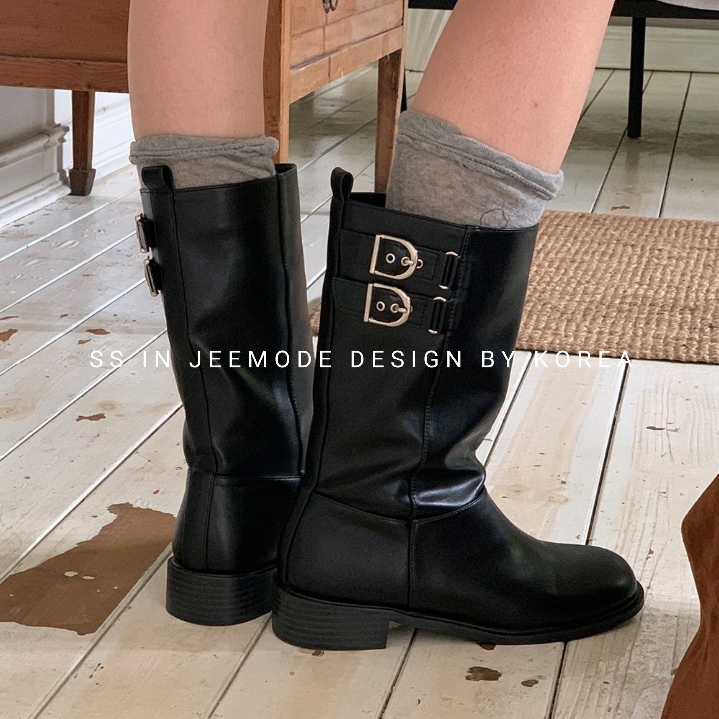 小池在首尔秋冬新款韩系复古圆头双皮带扣装饰方跟时装中筒靴女