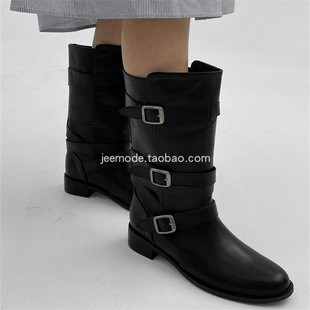 小池在首尔24年秋季 圆头方跟皮带扣套筒简约骑士小众短靴女 新款