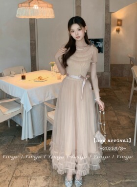 YETINGXI 枯色玫瑰/日系重工大摆连衣裙古早高腰温柔网纱长裙