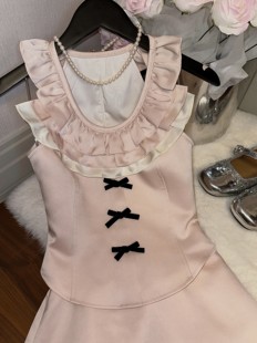 YETINGXI 卢森堡花园/日杂千金感精致甜美蝴蝶结荷叶边短上衣半裙