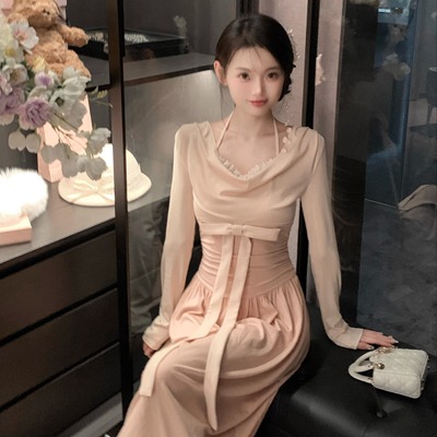 YETINGXI 昭和千金/拼色荡领天丝针织连衣裙收腰显瘦长裙秋冬