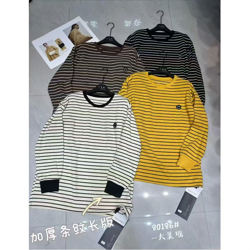 2025冬季新款韩版时尚百搭显瘦简约圆领宽松加厚条纹长袖打底衫女