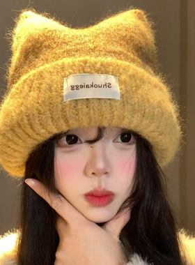 黄色猫耳针织帽女冬可爱甜美显脸