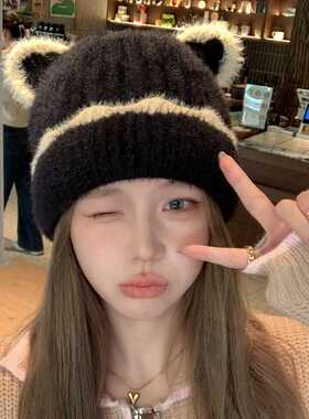 可爱猫耳朵毛线帽女冬季新款保暖