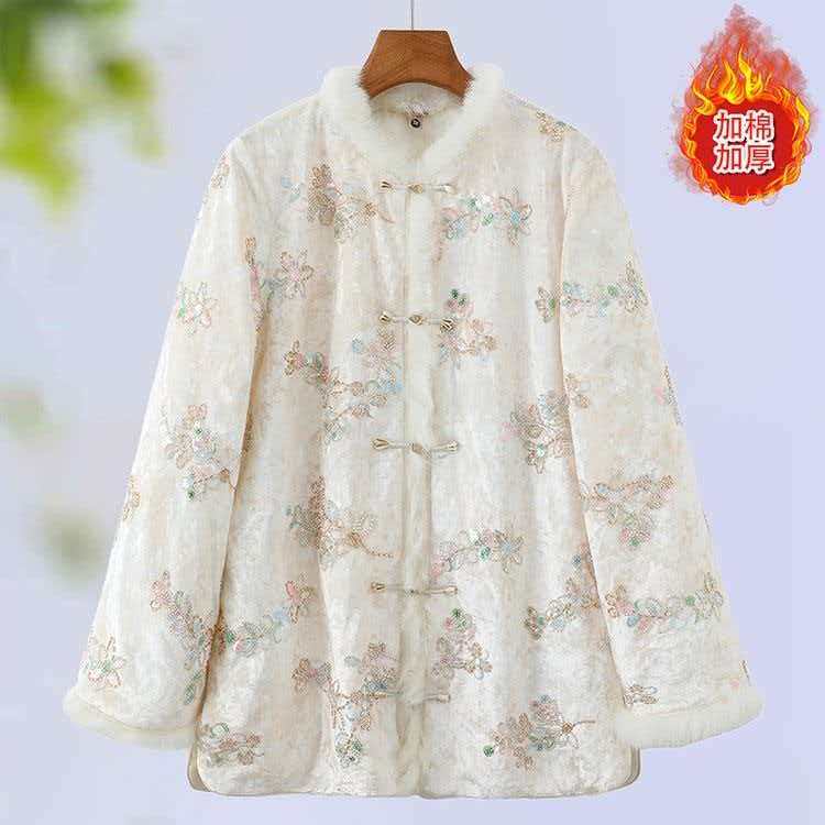 新中式盘扣刺绣加厚保暖妈妈棉服