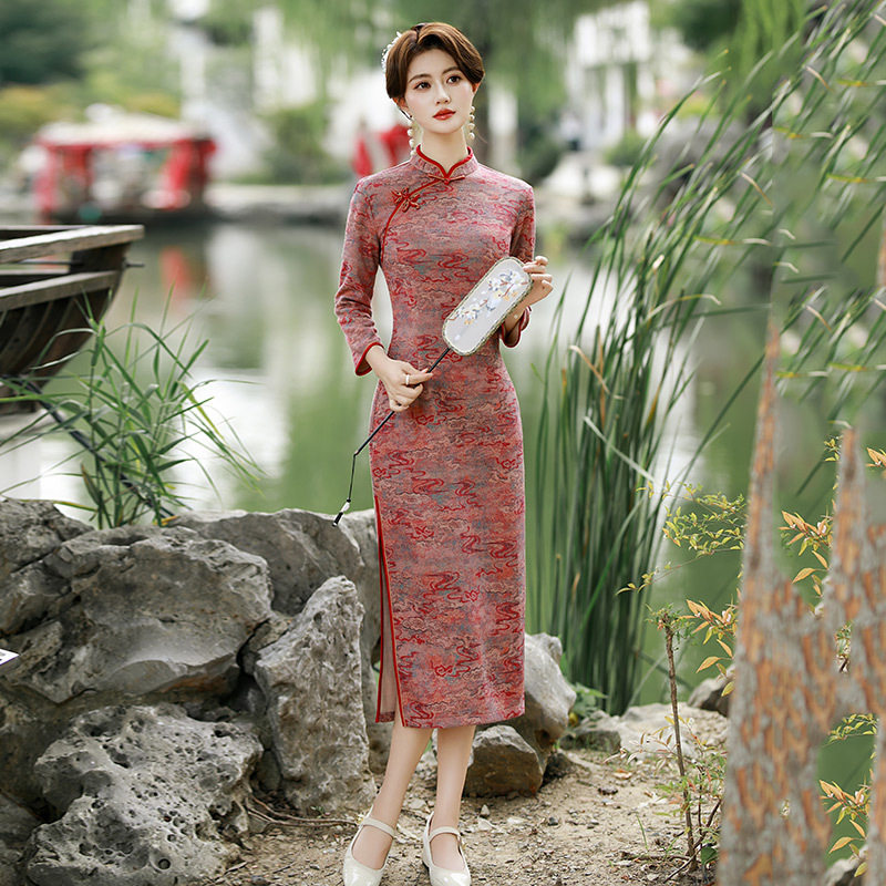 cheongsam chinese traditional qipao dress旗袍红色祥云国风