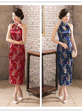Cheongsam Chipao Qipao酒红旗袍长款织锦缎旗袍开叉旗袍表演T台