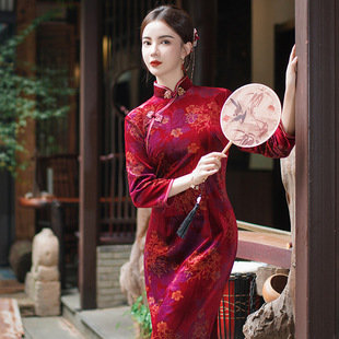 Cheongsam Dress Qipao 复古秋冬丝绒改良旗袍红色长款婚宴礼妈妈