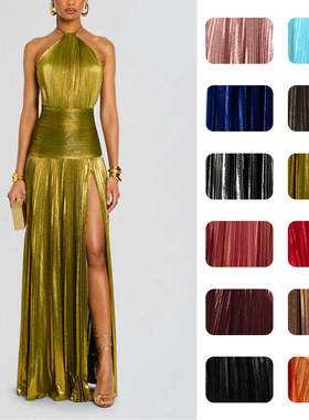 party dress独立站欧美女装金属色压褶开叉系带挂脖连衣裙无袖