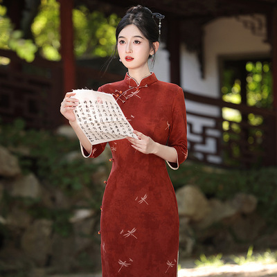 Long High-End Cheongsam Women Traditional Gown旗袍红色旗袍