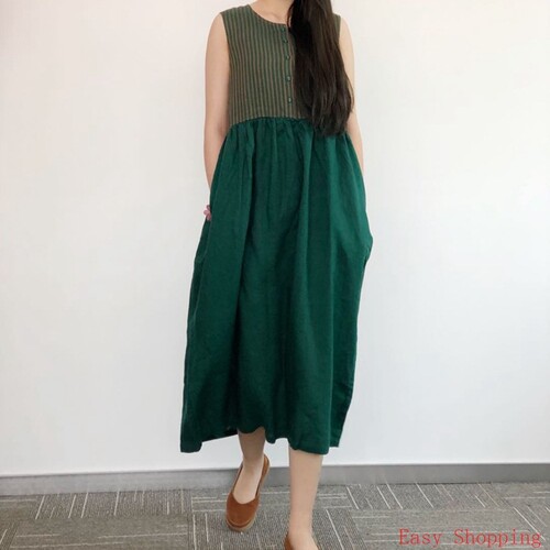 Chinese Cotton Linen Clothes条纹拼接背心裙 女式亚麻色织连衣