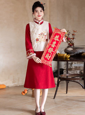 cheongsam chinese traditional qipao dress旗袍红色拜年服加绒
