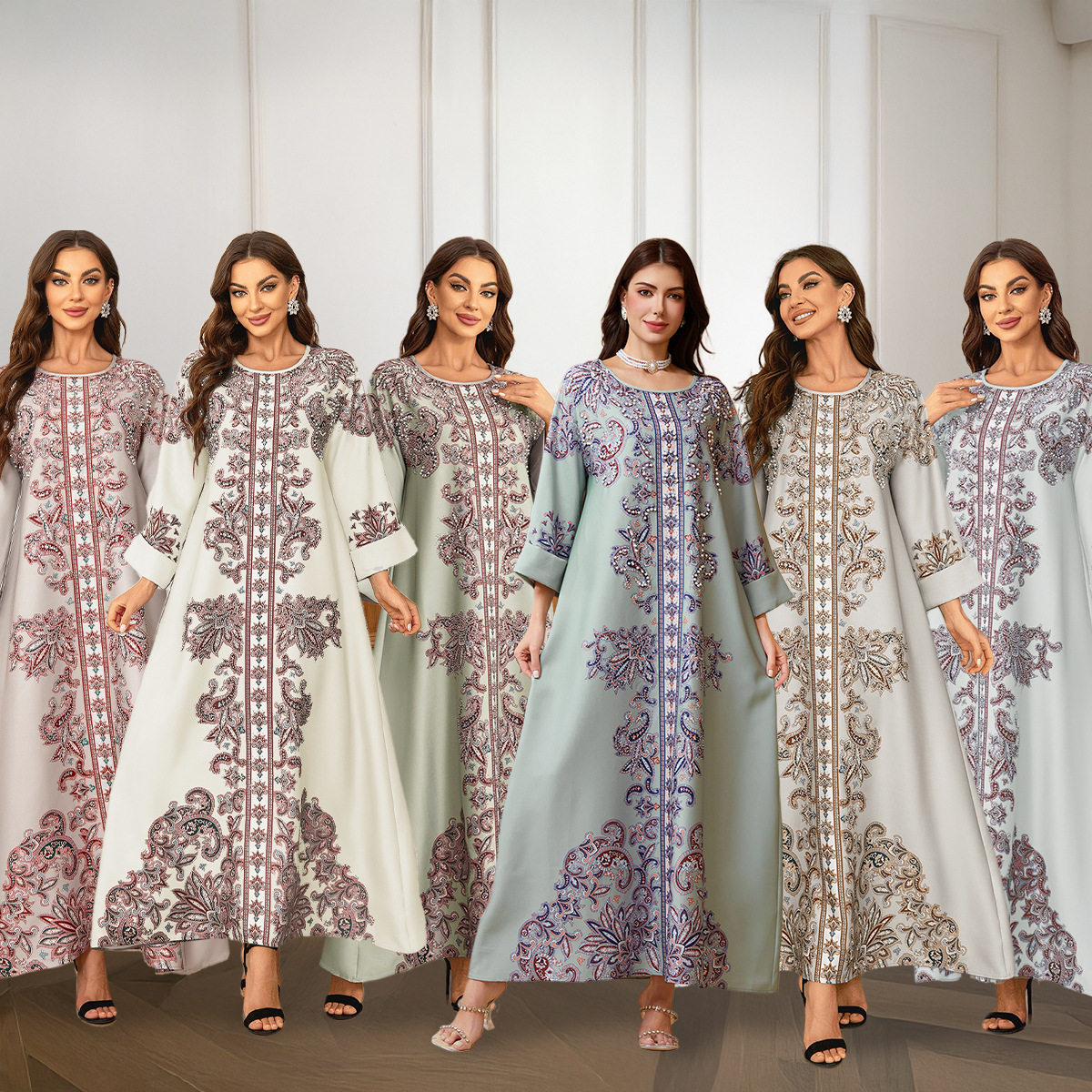 2406 kaftan高密烫钻钉珠女式长袍优雅连衣裙middle eastern