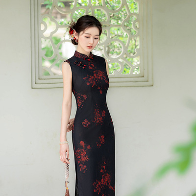 Chinese Cheongsam Qipao Chinese Dress Chipao女裙黑色旗袍无袖