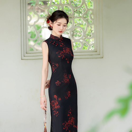 Chinese Cheongsam Qipao Chinese Dress Chipao女裙黑色旗袍无袖